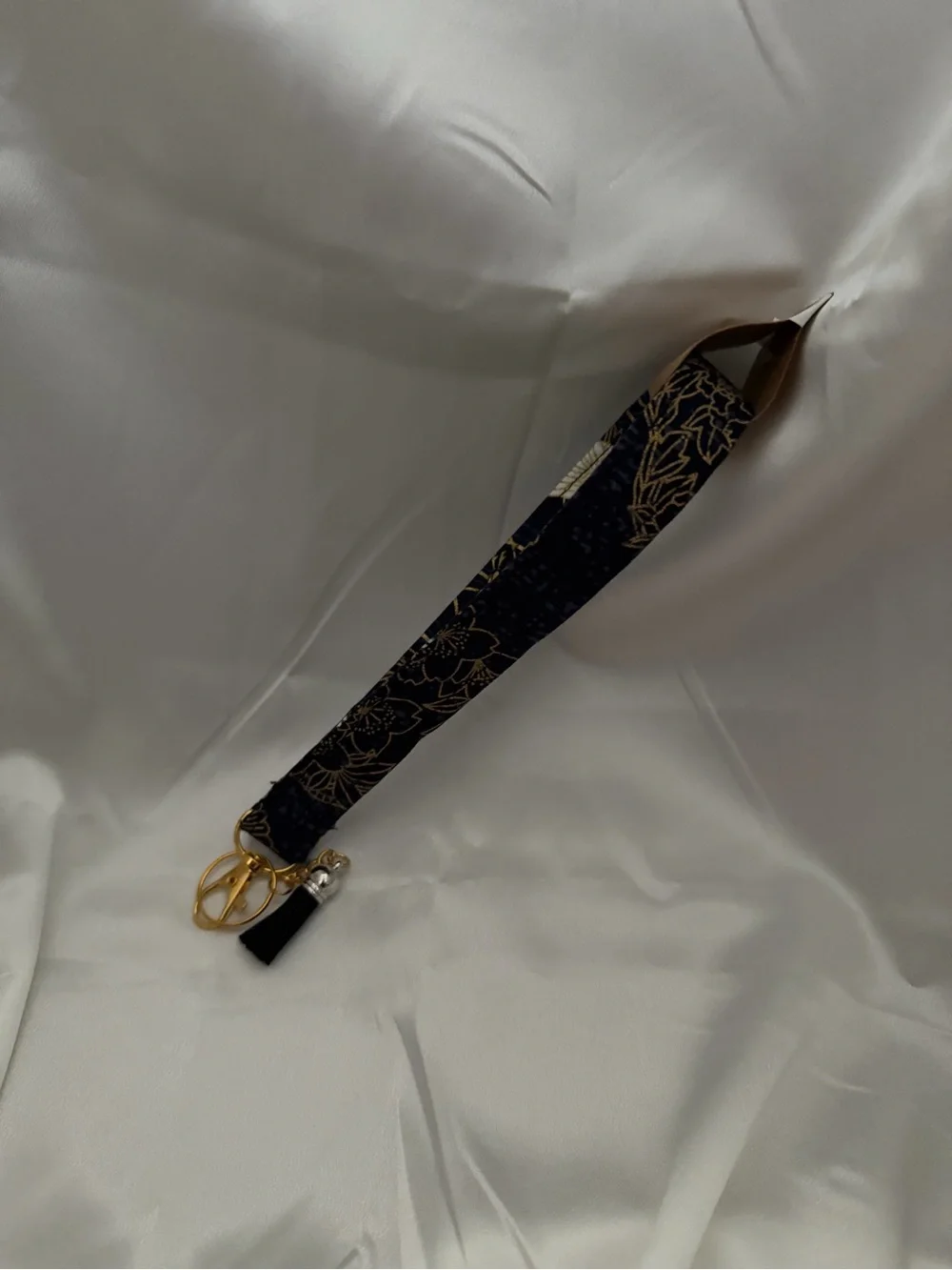 Handmade Blue and Gold Bird Pattern Wristlet Keychain with Black Tassel